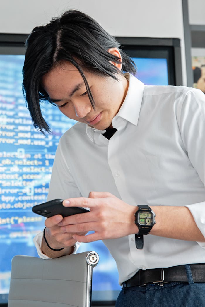 experience-img Asian man in professional attire engaging with smartphone amidst digital screens in modern office.