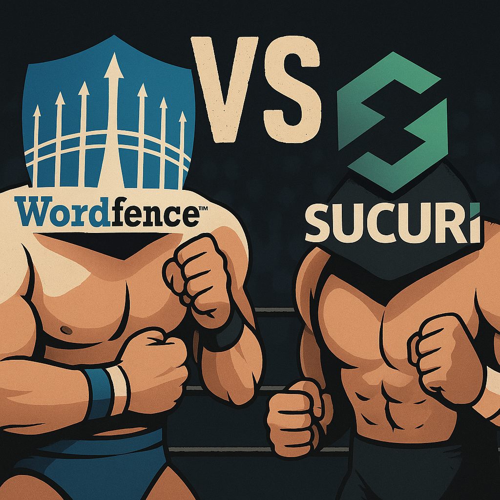 Ilustración comparativa tipo ring de boxeo entre Wordfence y Sucuri, dos plugins de seguridad para WordPress.