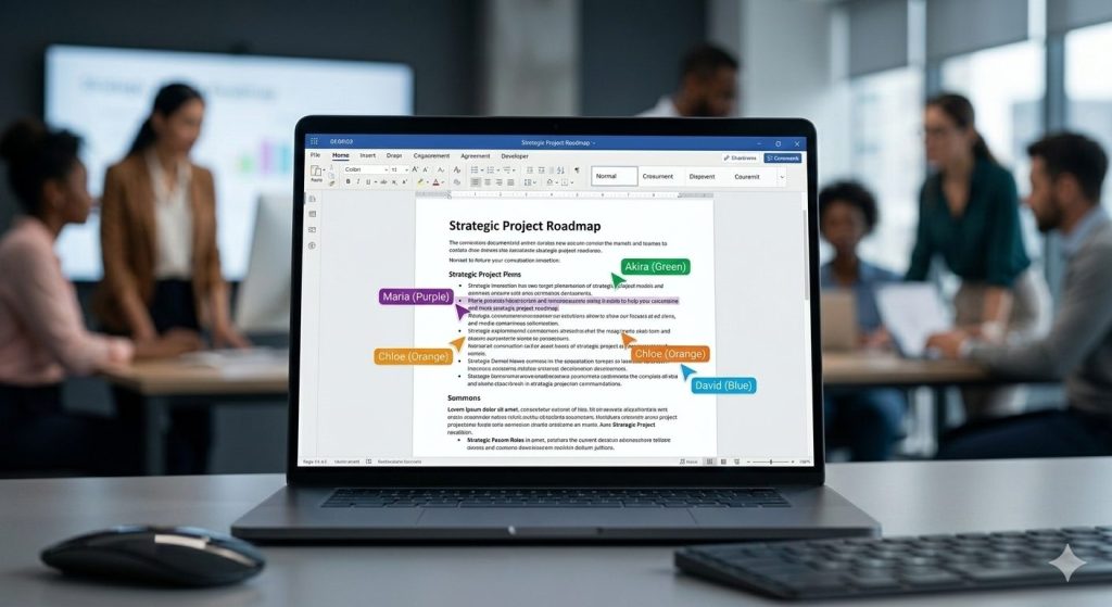 Close-up of a high-end laptop screen displaying a collaborative document editing session. Multiple colorful cursors with names are visible on the screen. In the background, a blurred modern workspace with people working together. Professional, high-tech, clean design