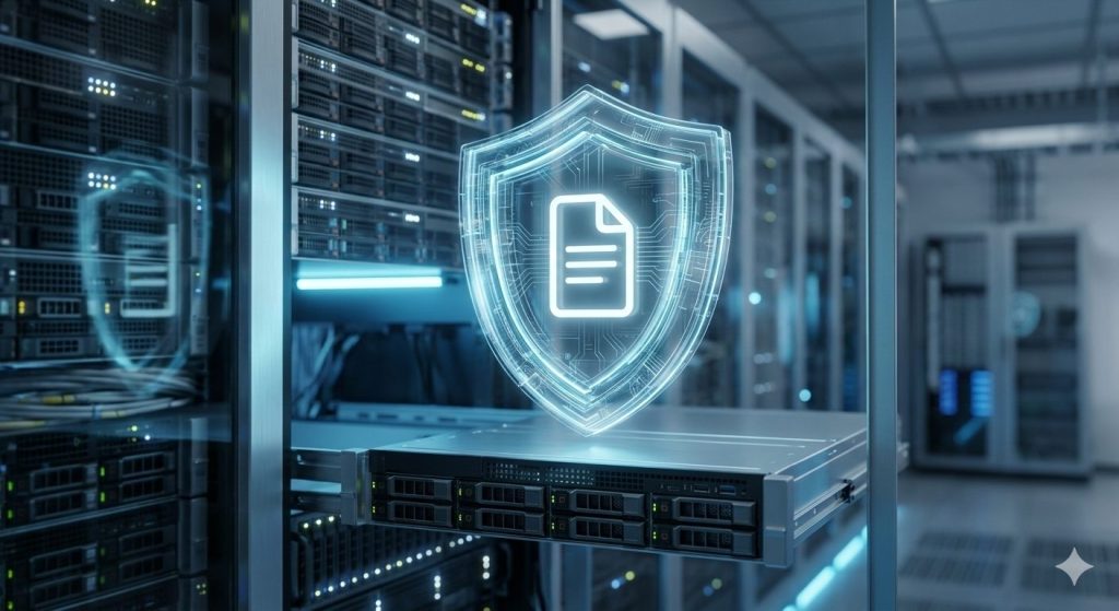 A digital shield icon floating over a server rack in a modern data center. The shield has a document icon inside it. Soft neon blue lighting, cinematic depth of field, representing data privacy and self-hosting security. Ultra-detailed.