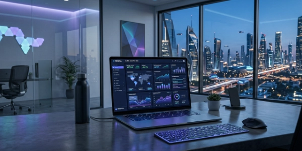 A futuristic and clean minimalist workspace with a high-end laptop showing a professional, modern website dashboard. Abstract digital elements, glowing blue and purple accents, high quality, 8k resolution, cinematic lighting, corporate tech style for 2026.