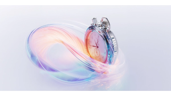 3D isometric illustration of a stylized stopwatch merging with a fast-moving fiber optic cable. Vibrant gradients, glassmorphism style, white background, clean icons.