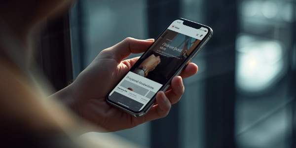 A hand holding a modern bezel-less smartphone displaying a perfectly aligned and beautiful mobile website interface. Soft natural lighting, urban professional background blurred, high-end photography.