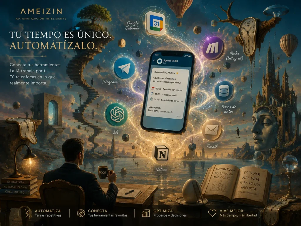 Ilustracion futurista y surrealista sobre automatizacion inteligente con Telegram, Google Calendar e inteligencia artificial.
