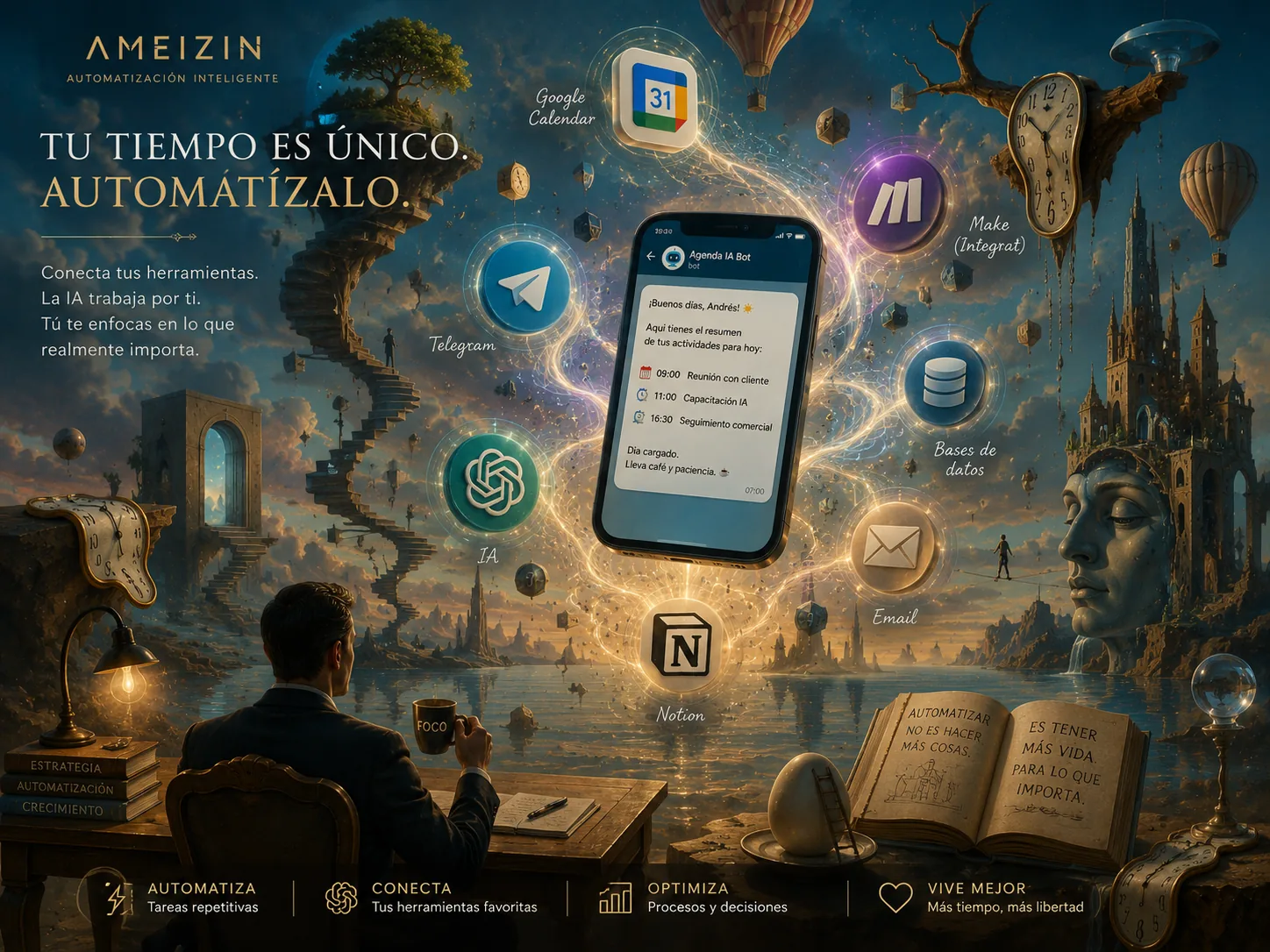 Ilustracion futurista y surrealista sobre automatizacion inteligente con Telegram, Google Calendar e inteligencia artificial.