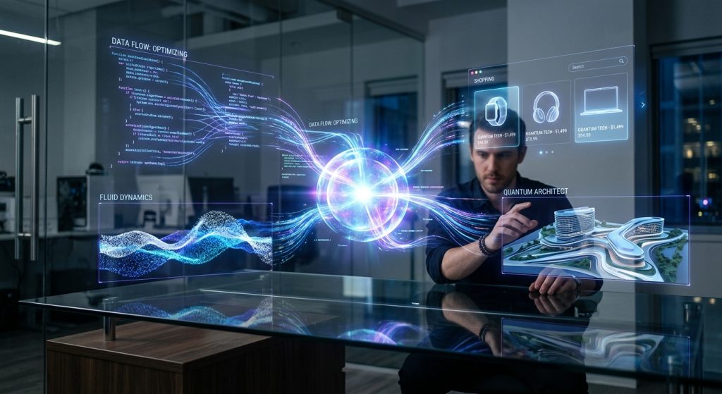 Hombre interactuando con interfaces holográficas de optimización de datos, compras y diseño arquitectónico