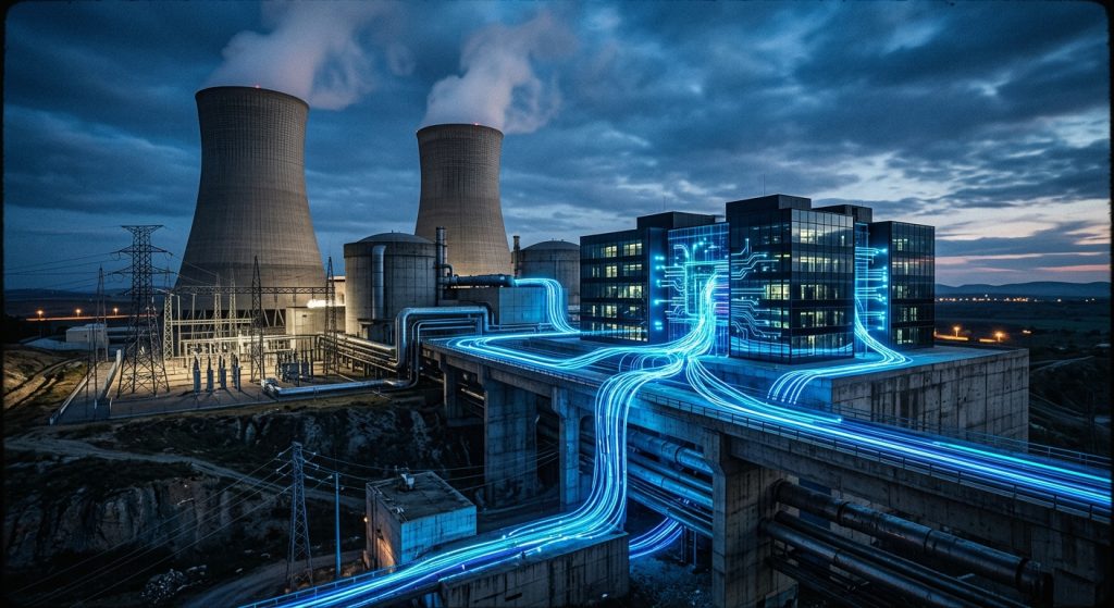 Central nuclear conectada a un moderno centro de datos mediante circuitos de luz azul