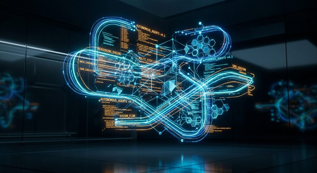 Holograma futurista de una red de inteligencia artificial con flujos de datos y agentes autónomos