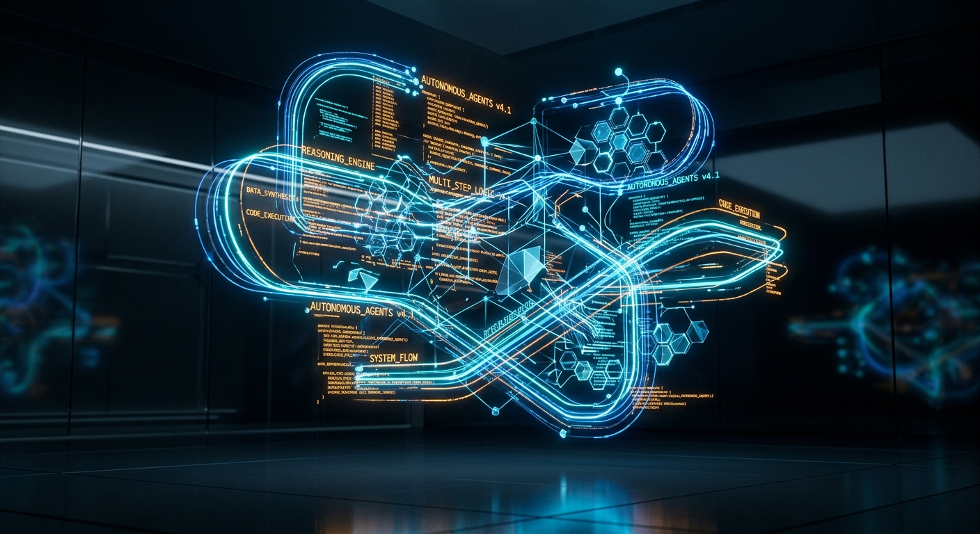 Holograma futurista de una red de inteligencia artificial con flujos de datos y agentes autónomos