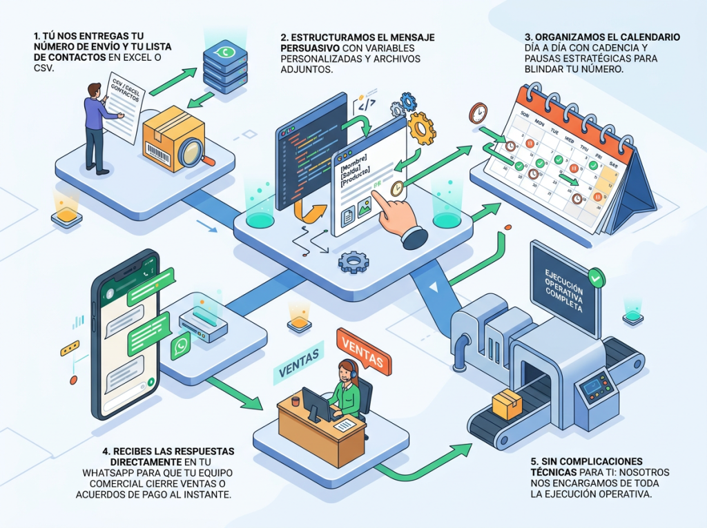 Infografía de cinco pasos para gestionar envíos, contactos, ventas y operaciones